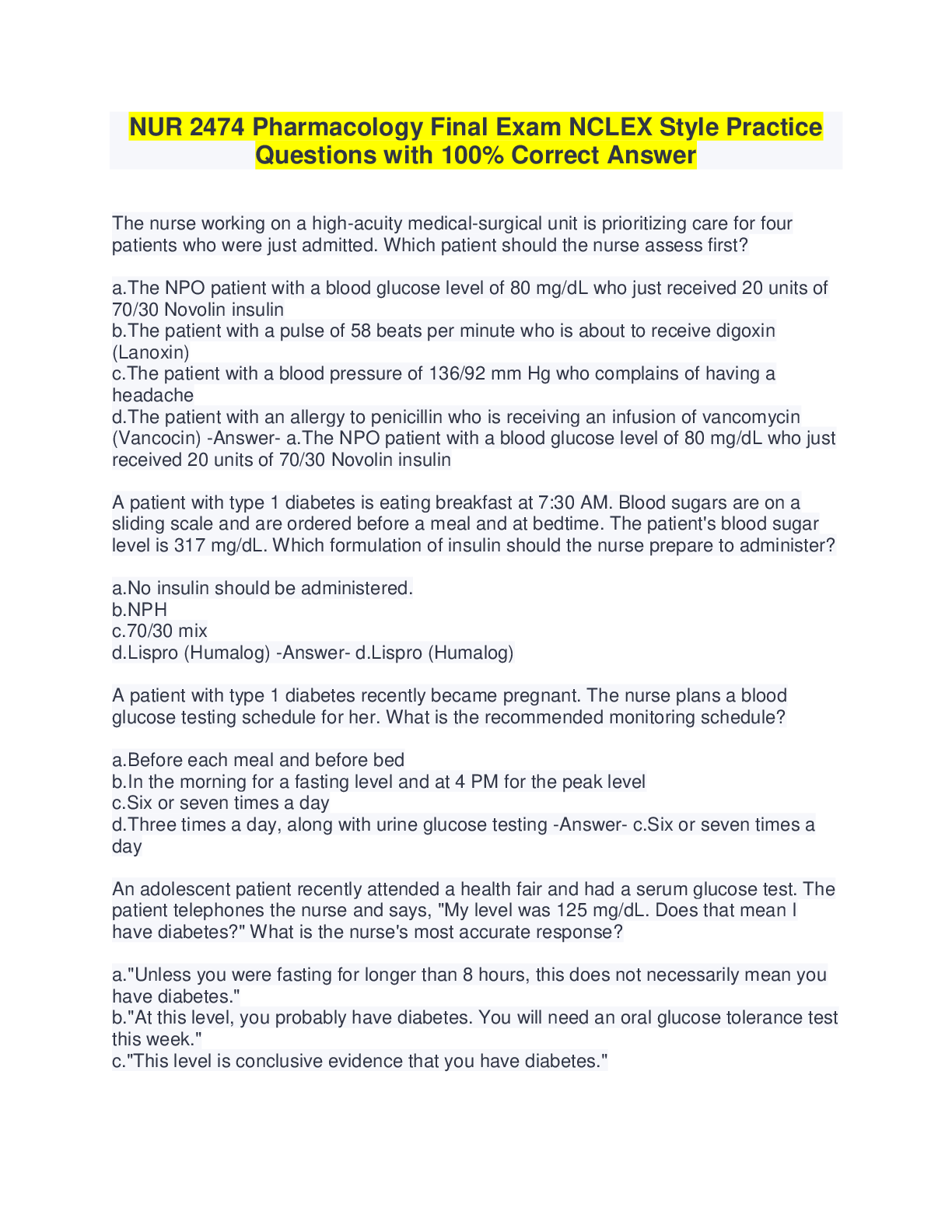 Preview image for NUR 2474 Pharmacology Final Exam NCLEX Style Practice Questions with 100% Correct Answer